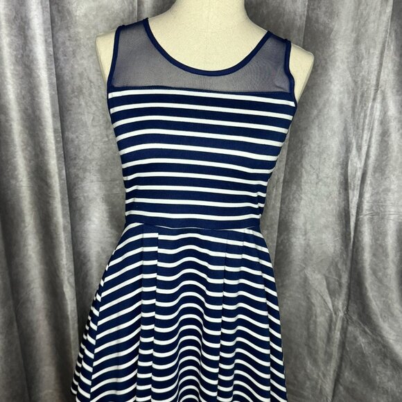 Poof Dresses & Skirts - Poof Junior Navy & White Striped Mini Fit Flare Dress Coastal Nautical